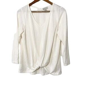 Status Chenault Ivory V-Neckline 3/4 Sleeve Twist Front Knot Ribbed Top Large